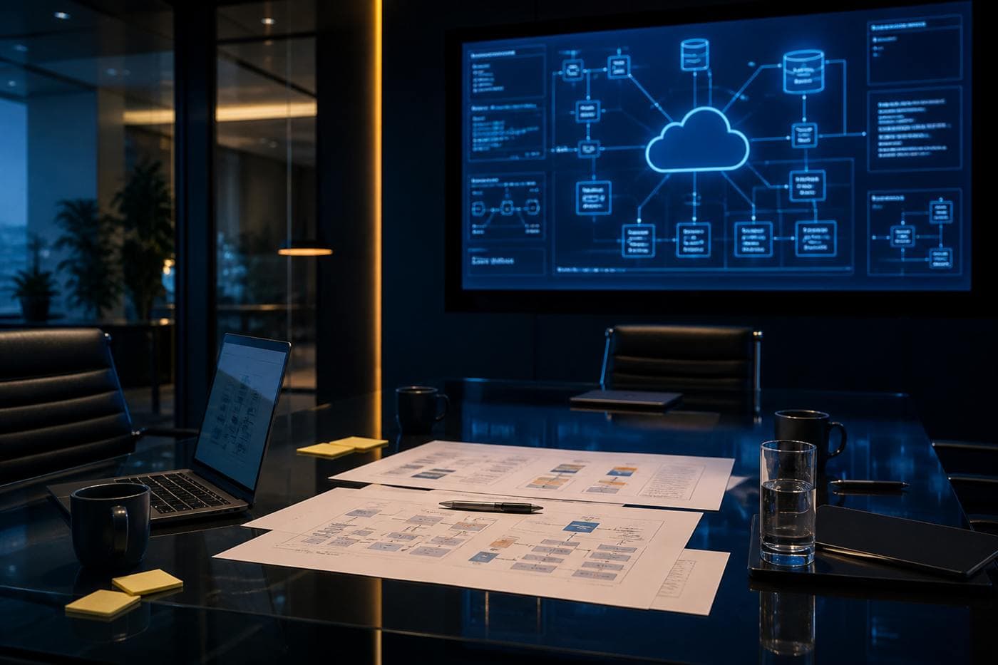 Data hall with server cabinets and warm aisle lighting used to illustrate cloud program consultancy