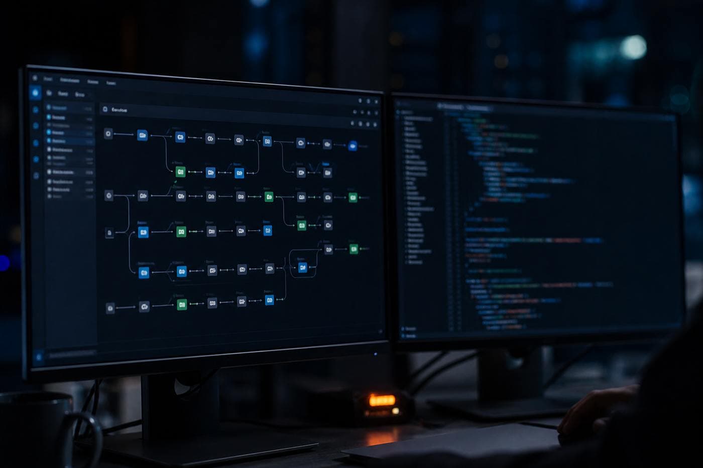 Engineering workstations with dual monitors showing delivery pipelines
