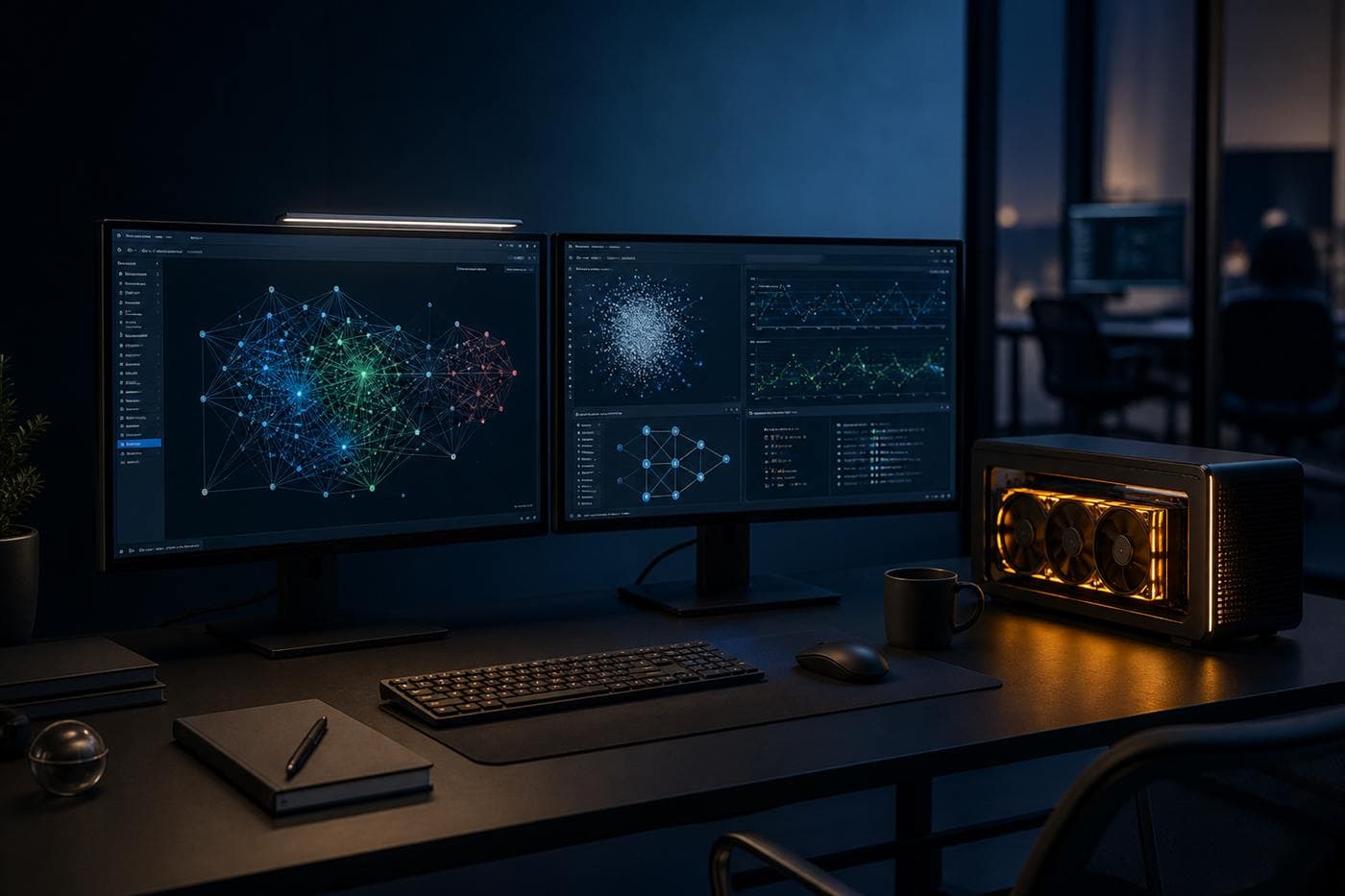 GPU workstation and dual monitors in an AI research workspace