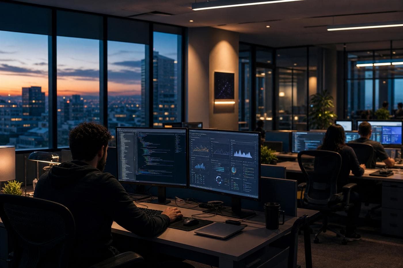 SaaS engineering floor with dual monitors at dusk